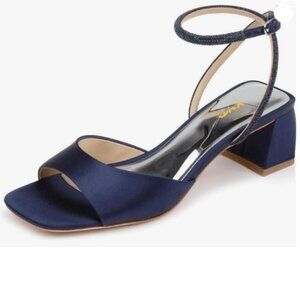 XYD Navy Open Toe Sandals Chunky Heels Rhinestone Ankle Strap with Buckle Shoes